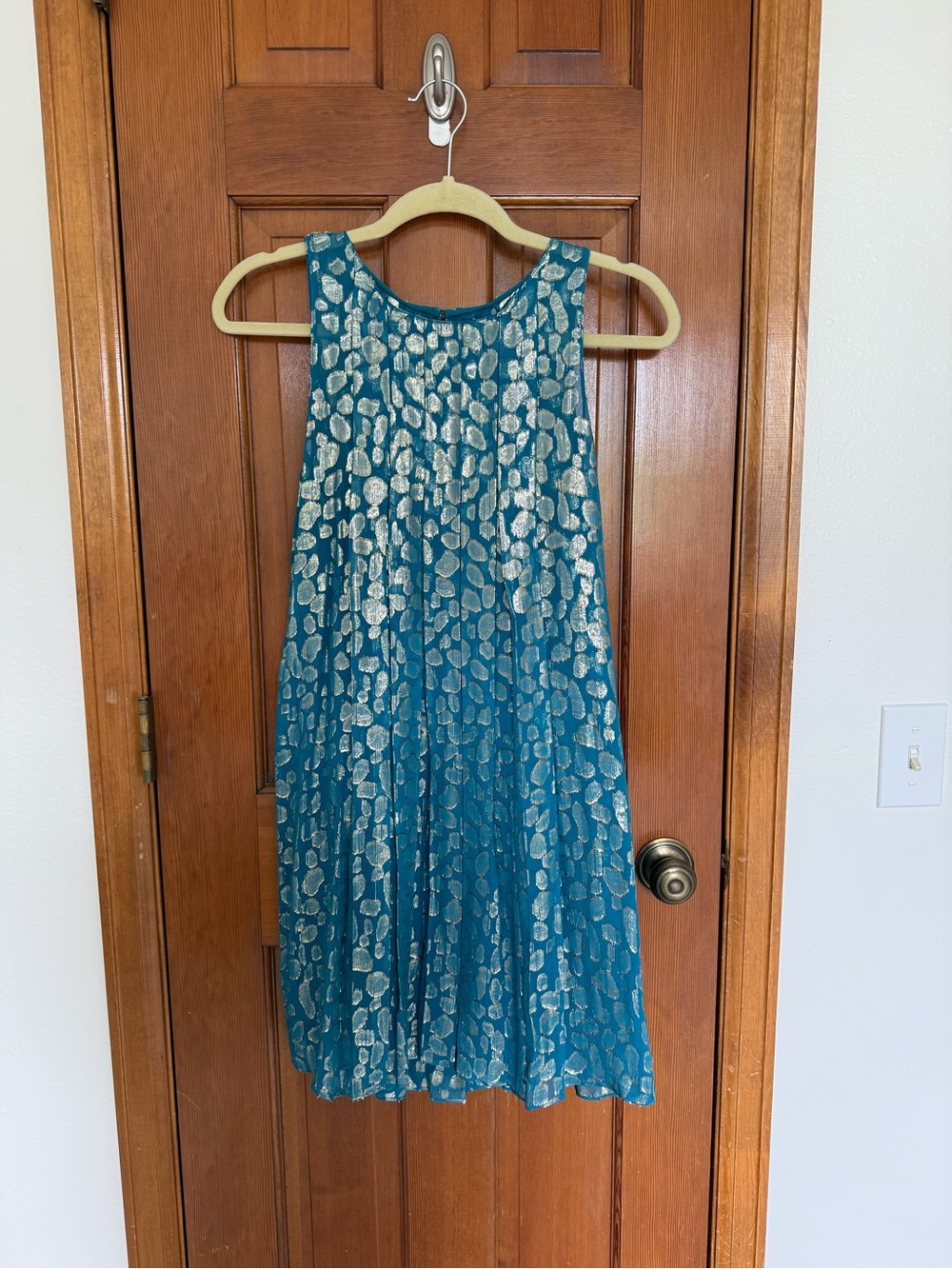Anthropologie Teal Metallic Spot Pleated Dress
